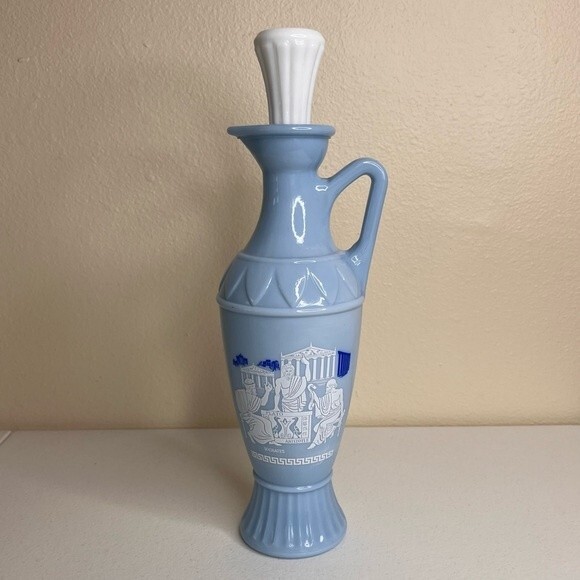 Vintage 1961 Jim Beam Grecian Style Blue Milk Glass Decanter Cork Lid Plato - Picture 13 of 13